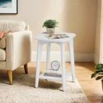 Modern Square Side Table with Lower Shelf – 2-Tier Small White End Table