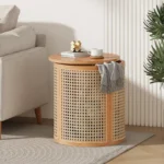 Modern Hollow Round Side Table – Rubberwood and Rattan Accent Table - Image 5
