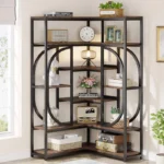 7-Tier Corner Bookshelf – Brown & Black Metal Open Shelf Storage Unit