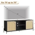 TV Stand for 75-Inch TVs with Adjustable Shelf & Rattan Door – Black Media Console - Image 4