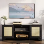 Farmhouse TV Stand for TVs Up to 65 Inches – Media Console with Rattan Doors