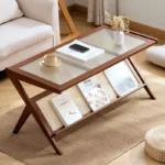 Modern Coffee Table with Glass Top and Rattan Shelf, Z-Shape Design - Image 4