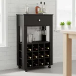 Bar and Coffee Cart with Bottle Racks and Drawer – Black Finish