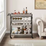 3-Tier Metal Serving Cart with Wheels, Wine & Glass Rack – Retro Brown Finish