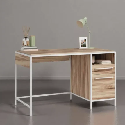 Modern Office Computer Desk with Drawer – Wooden Top with Sturdy Metal Legs