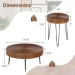 Round Coffee Table Set of 2 End Tables, Natural Pine Wood Finish for Living Room - Image 3