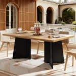 63" Modern Solid Wood Style Dining Table for 6 People – Beige Top with Black Double Pedestal Base - Image 6