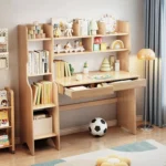 Wooden Desk with Multiple Display Shelves and Two Drawers - Image 4