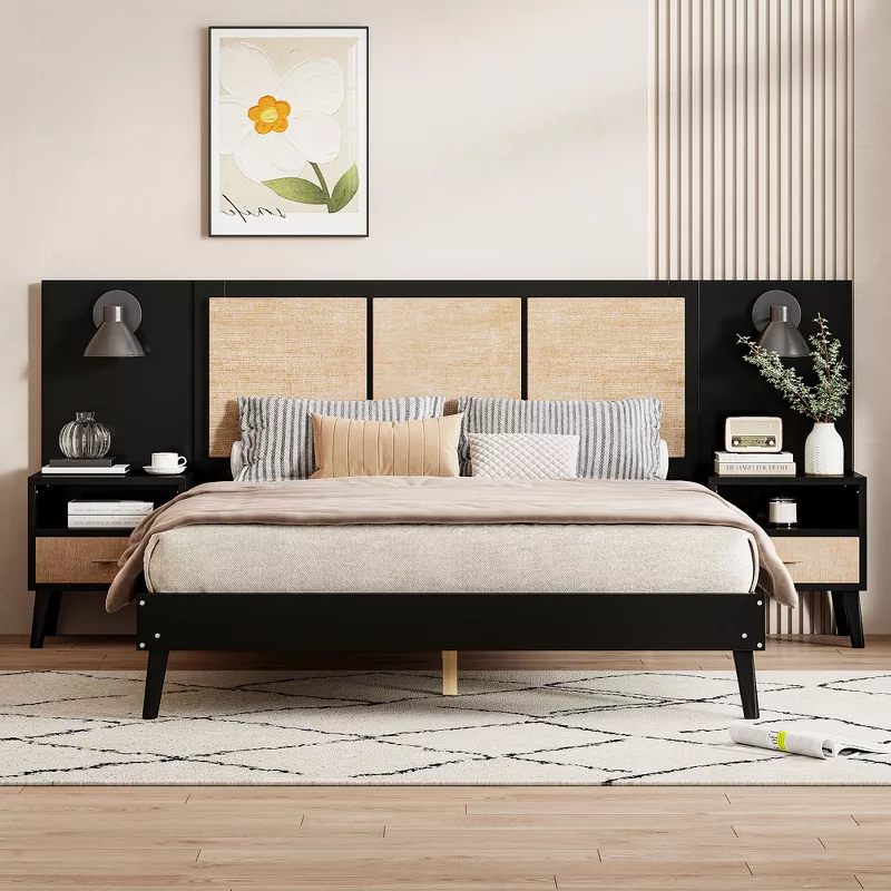 GUEST_89702d2d-c664-4009-83b8-5a661b9c56c8 Queen Size Solid Wood Bed with 2 Nightstands – Upholstered Platform Bed Set - Image 1