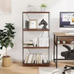 Walnut Display Rack Bookcase – 4-Tier Freestanding Shelf with Metal Frame