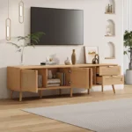Rattan Door Media Console with Solid Wood Legs – Modern TV Stand - Image 3