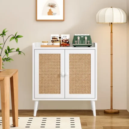 Wood Sideboard Buffet Cabinet with Rattan Doors