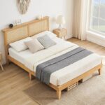 Solid Wood Bed Frame with Natural Rattan Headboard – Queen Size Platform Bed - Image 3