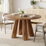 Round Wooden Dining Table for 6 with Sturdy Pedestal Base – Brown Finish