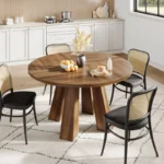 Round Wooden Dining Table for 6 with Sturdy Pedestal Base – Brown Finish - Image 5
