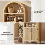 Arched Bookcase with Rattan Doors – 5-Tier Storage Shelf with Cabinet - Image 5