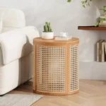 Modern Hollow Round Side Table – Rubberwood and Rattan Accent Table