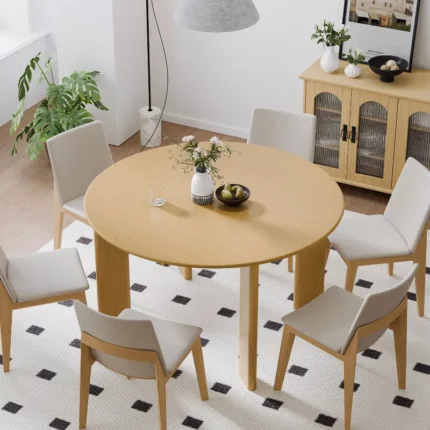 PexFix 52" Solid Wood Round Farmhouse Dining Table for 6 – Natural Yellow Wood Finish