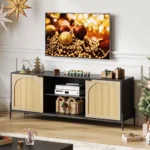 TV Stand for 75-Inch TVs with Adjustable Shelf & Rattan Door – Black Media Console - Image 5