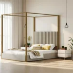 Queen Size Upholstered Canopy Platform Bed with 4-Poster Metal Frame - Image 5
