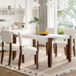 Rectangular Faux Marble Dining Table for 4 with Rubber Wood Legs – White Top & Brown Frame - Image 5
