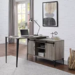 Writing & Office Desk with Storage Cabinet – Modular Wooden Table with Metal Frame