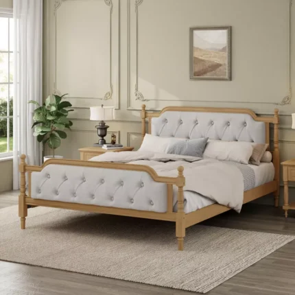 Traditional Style Solid Wood Bed Frame with Upholstered Tufted Headboard