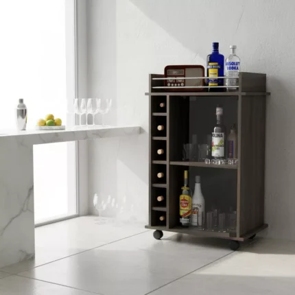 Two-Shelf Storage Cart with Six-Bottle Rack for Dining Room or Living Space