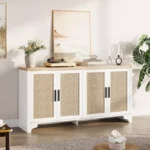 4-Door Sideboard Buffet Cabinet with Natural Rattan Design - Image 4