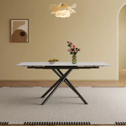 83" Modern Retractable Sintered Stone Dining Table for 6–8 with Black Steel Criss-Cross Base