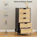 Modern Rattan Chest of 5 Drawers – Tall Storage Dresser with Metal Frame - Image 4