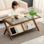 Modern Coffee Table with Glass Top and Rattan Shelf, Z-Shape Design - Image 3
