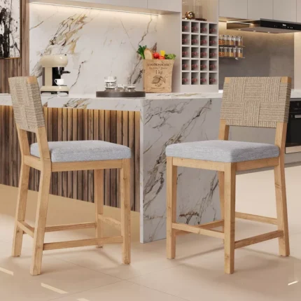 Rattan Upholstered Counter Stools Set of 2 – Natural & Stylish Design