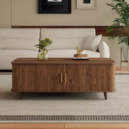 Sliding Door Storage Coffee Table with Spacious Interior, MDF Construction