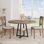 Round Dining Table Set with Gray Wooden Top & Black Metal Base – 47" Table for 4–6 People