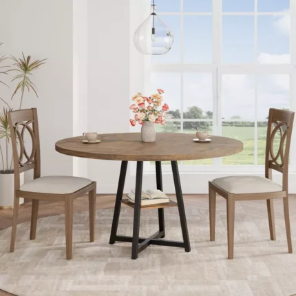 Round Dining Table Set with Gray Wooden Top & Black Metal Base – 47" Table for 4–6 People