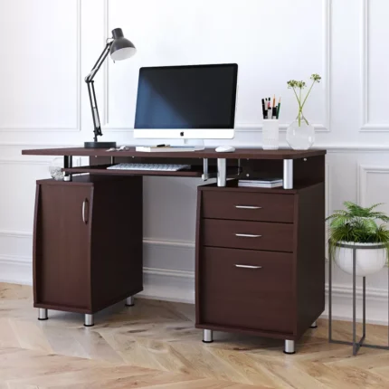 Modern Study & Computer Desk with Storage Drawers and Cabinet