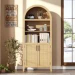 Arched Bookcase with Rattan Doors – 5-Tier Storage Shelf with Cabinet - Image 6