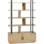 Tall Industrial 5-Tier Bookcase with Rattan Doors - Image 6