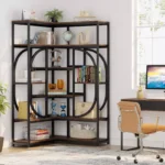 7-Tier Corner Bookshelf – Brown & Black Metal Open Shelf Storage Unit - Image 3