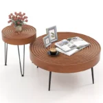 Round Coffee Table Set of 2 End Tables, Natural Pine Wood Finish for Living Room - Image 4
