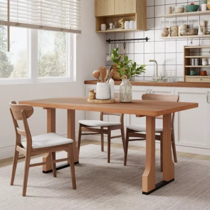 63" Rectangular Dining Table for 6 with Double Pedestal Base – Natural Brown MDF Wood Table