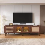 Media Console Table with Rattan Décor, 3 Cabinets & 2 Drawers – Modern Storage TV Stand