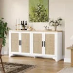 4-Door Sideboard Buffet Cabinet with Natural Rattan Design