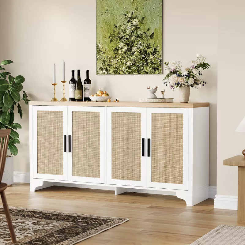 GUEST_c0d952ab-a172-4467-9f3f-72038f6b9e8f 4-Door Sideboard Buffet Cabinet with Natural Rattan Design - Image 1
