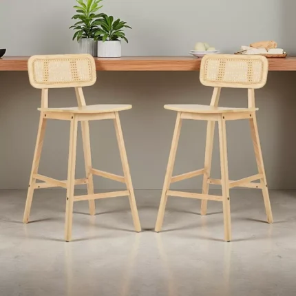 Wooden Bar Stools with Solid Wood Seat & Rattan Back – Counter Height Design