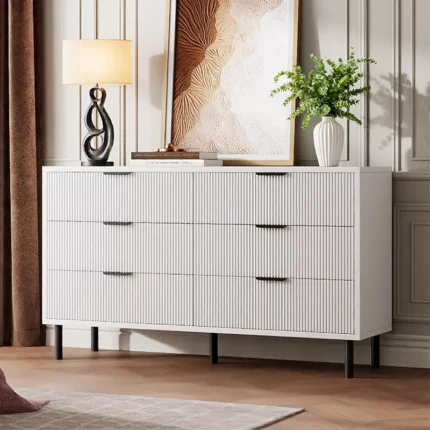 Fluted 6-Drawer Dresser – Modern Wide Chest of Drawers with Metal Legs
