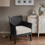 Cane Accent Chair with Comfy Upholstery and Solid Wood Legs, Mid-Century Style