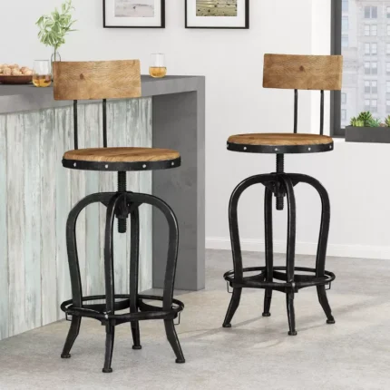 Modern Industrial Firwood Adjustable Height Swivel Counter Barstool – Wood & Iron Frame