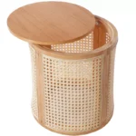 Modern Hollow Round Side Table – Rubberwood and Rattan Accent Table - Image 2